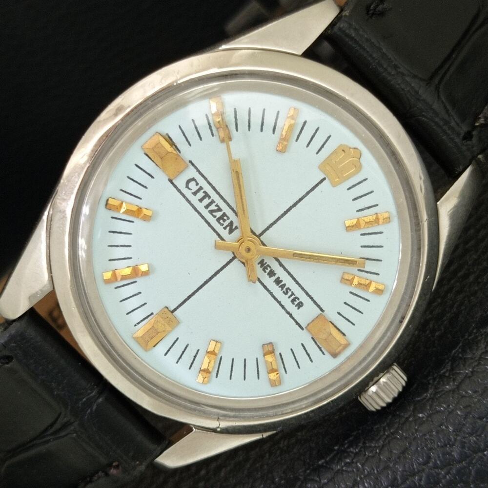 Vintage 1986 Citizen Manual Wound Mens Silver Watch & White accents